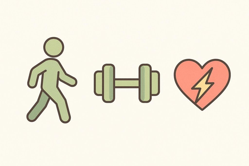 Icons depicting three main types of exercise beneficial for managing blood sugar: a walking person for aerobic exercise, a dumbbell for strength training, and a heart with a lightning bolt for HIIT.