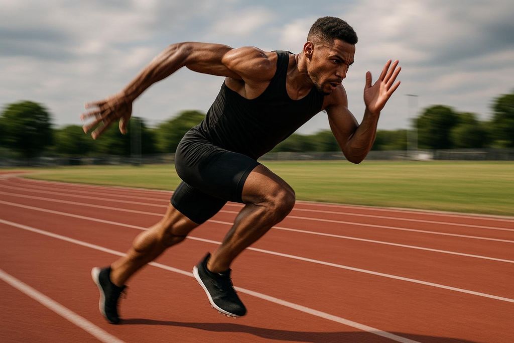 A male athlete in black sportswear is shown mid-sprint on a reddish-brown running track with white lines, demonstrating intense effort and speed. The background shows a green field and trees under a cloudy sky, with a motion blur effect.