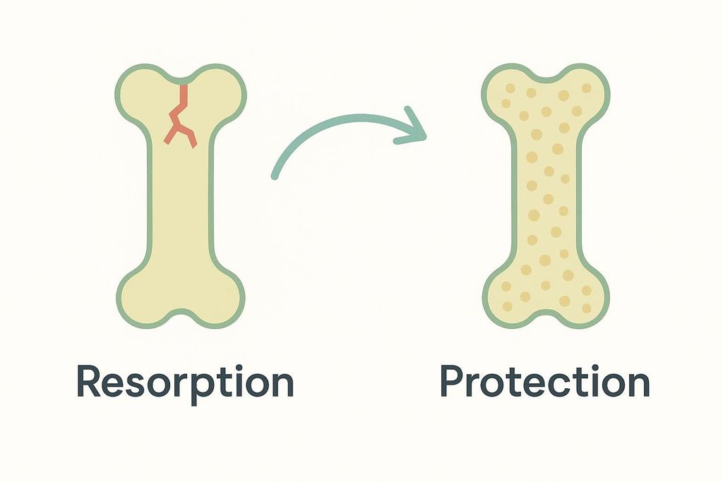 A diagram illustrating the transition from bone resorption to protection. On the left, a bone with a red crack is labeled 'Resorption'. An arrow points to the right, where a healthy bone with small circles representing protection is labeled 'Protection'.