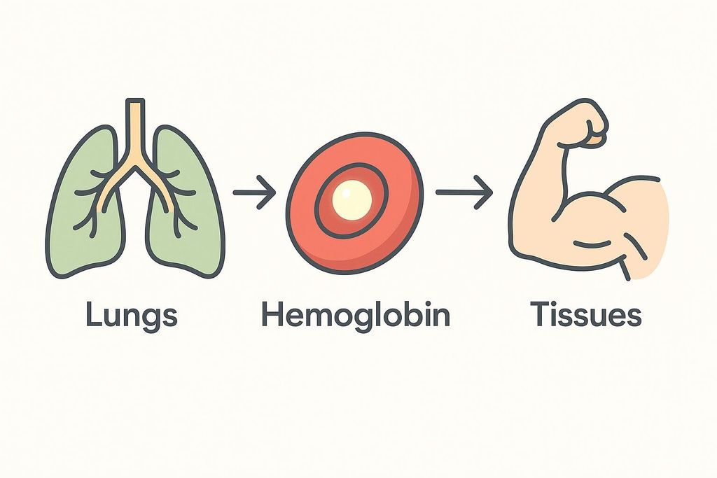 Flow diagram illustrating how hemoglobin in red blood cells transports oxygen from the lungs to body tissues.