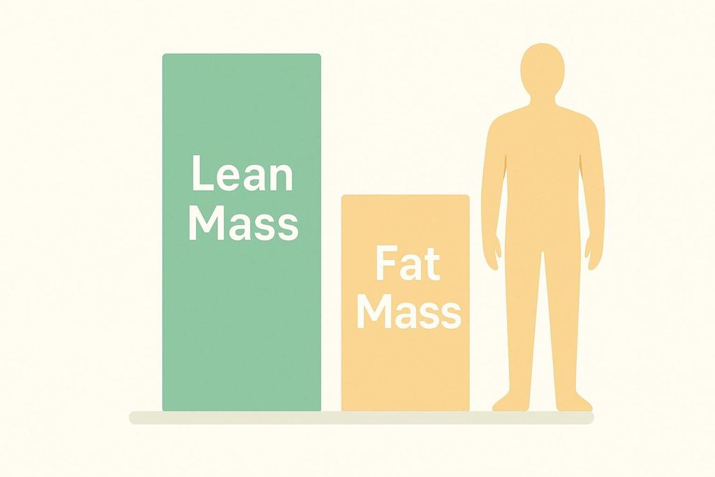 A bar chart illustrating body composition, with a taller green bar labeled 'Lean Mass' and a shorter orange bar labeled 'Fat Mass', positioned next to a human silhouette of the same orange color.