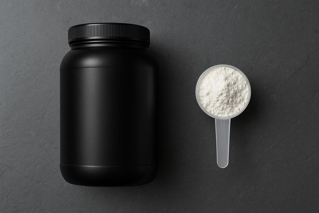 An overhead shot of a black unbranded protein powder tub next to a transparent scoop filled with white protein powder, all resting on a dark gray slate surface.