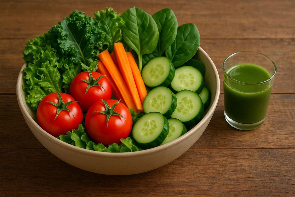 A large bowl filled with various fresh vegetables including tomatoes, cucumber slices, carrots, spinach, and kale. Next to the bowl is a small glass of green juice or greens powder drink on a rustic wooden surface.