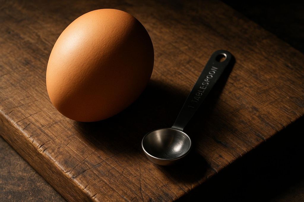 A brown egg sits next to a metal tablespoon on a wooden cutting board. The lighting is dramatic, with only parts of the egg, spoon, and wood illuminated.