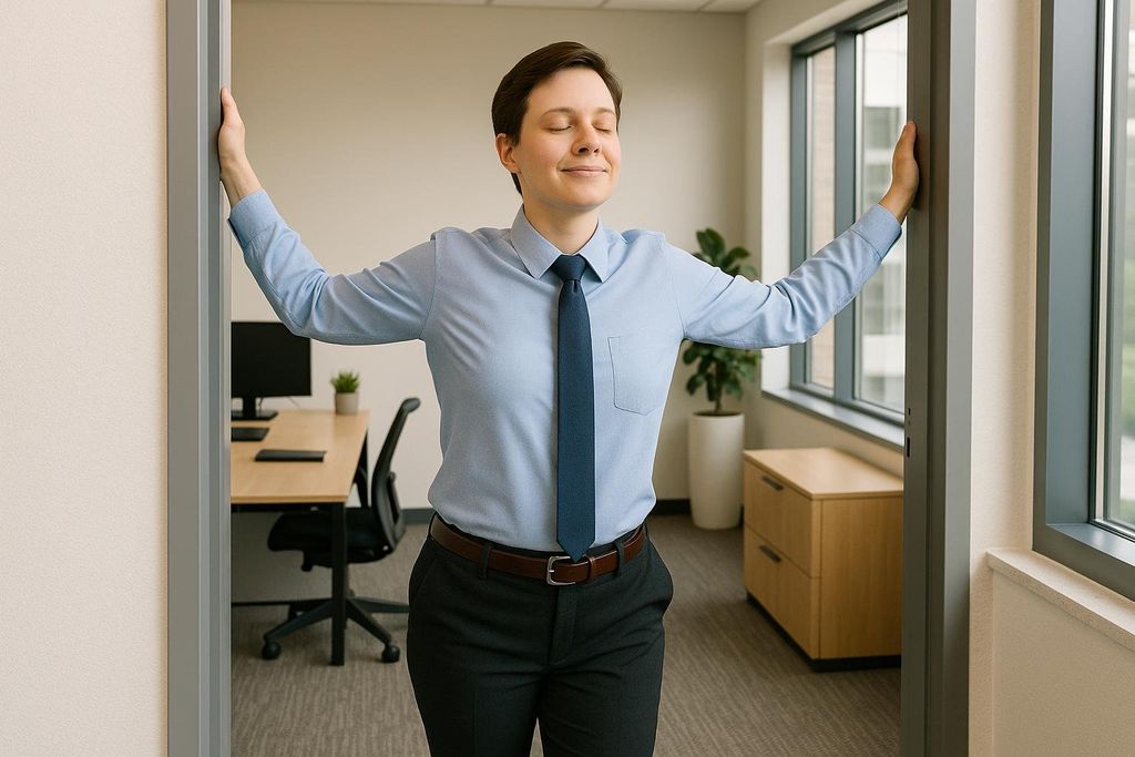 A person in a light blue shirt and dark blue tie stands in a doorway, pressing their hands against the doorframe to perform a chest stretch, with their eyes closed and a peaceful expression. An office interior with a desk and window is visible in the background.
