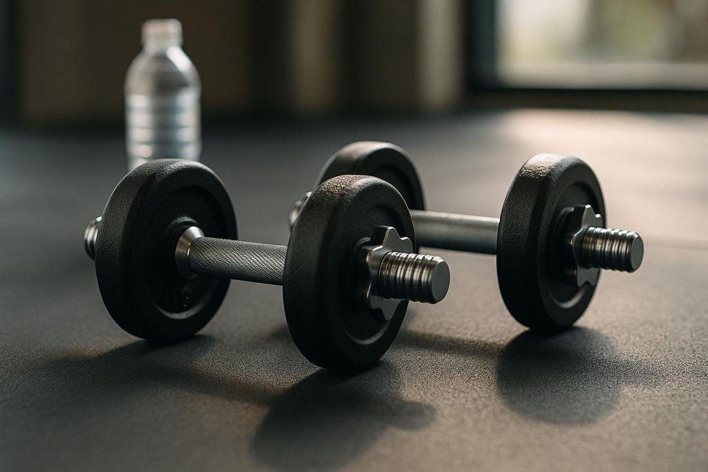 Close-up of two black dumbbells with silver handles resting on a dark gym floor. A blurry water bottle is in the background.