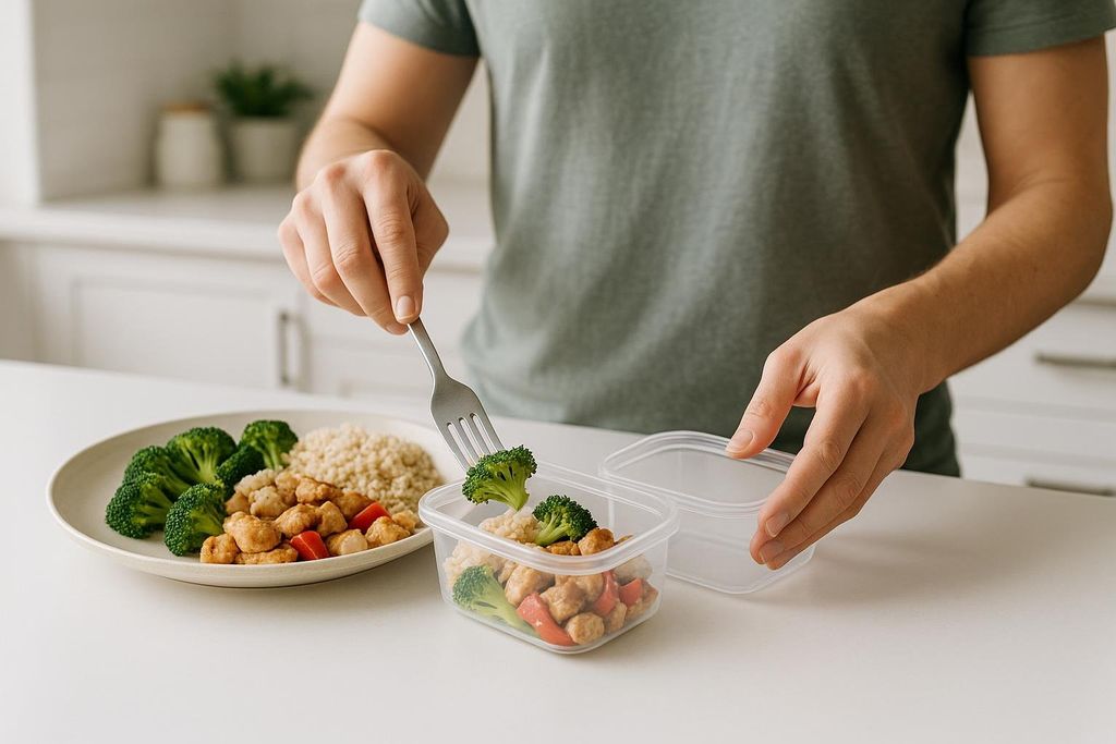 A person in a grey t-shirt uses a fork to transfer food, including broccoli, rice, and chicken, from a main plate into a clear plastic meal prep container. Another empty clear container is next to it on the white countertop. A full plate of similar food is visible to the left.