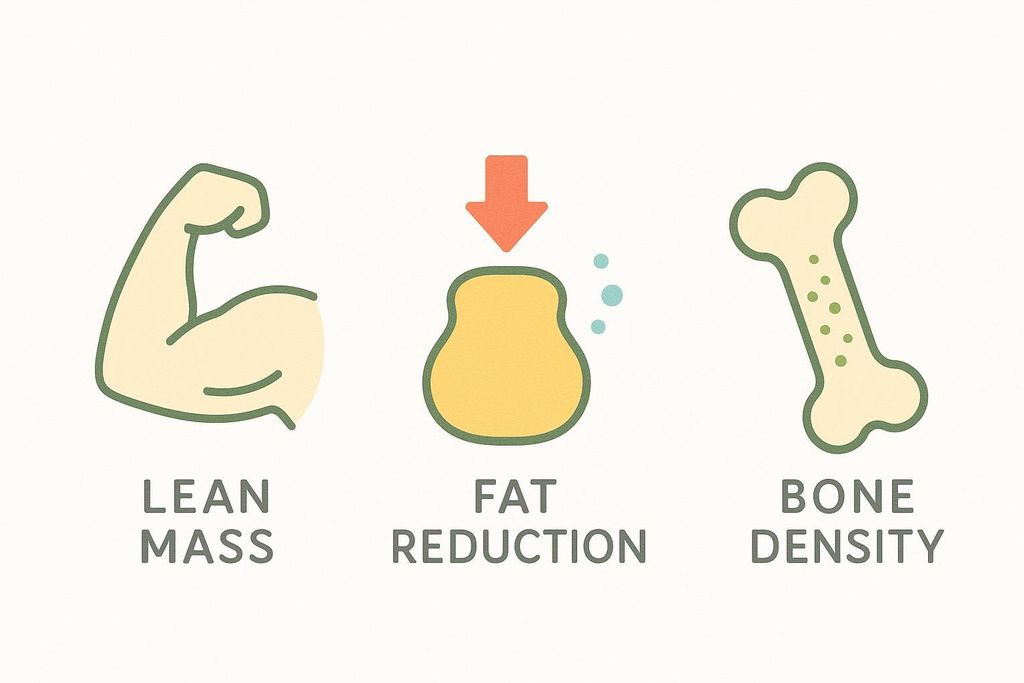 Icons representing the benefits of TRT: increased lean mass, reduced fat, and improved bone density.