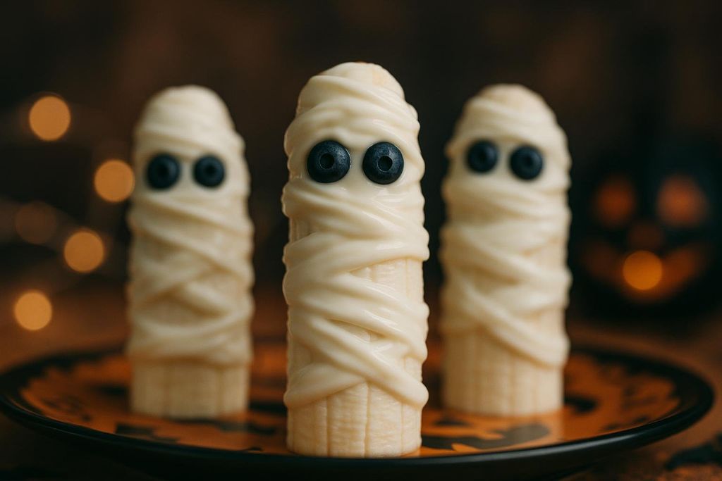 Three banana halves decorated to look like mummies with yogurt bandages and blueberry eyes, standing on an orange and black Halloween-themed platter. Blurry string lights and a jack-o'-lantern are in the background.