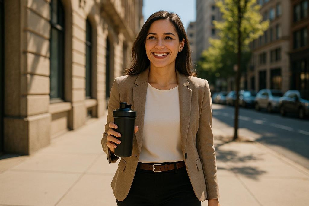 A smiling professional woman in a beige blazer and black pants walks outdoors, holding a black protein shaker. Buildings and parked cars line the street in the background, under a bright sky.