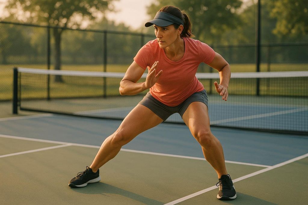 A female pickleball player in a coral t-shirt and grey shorts performs lateral shuffles on a green and blue court with a net in the background, warming up before a game.
