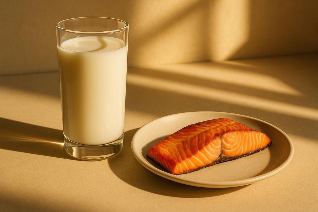 A glass of milk and a piece of cooked salmon bathed in warm sunlight on a creamy yellow surface.