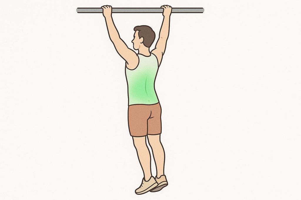 An illustration of a man from the back performing a dead hang exercise, gripping a bar overhead with both hands, with his body hanging straight down.