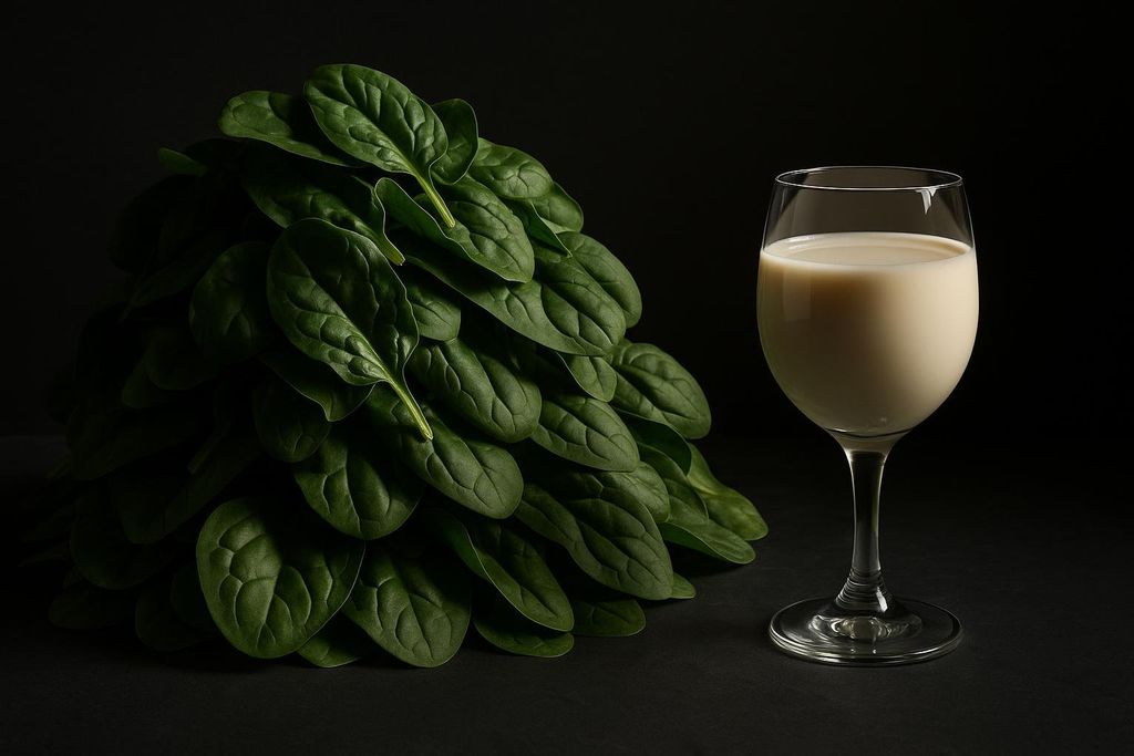 A dark, moody still life featuring a large pile of fresh, vibrant green spinach leaves next to a wine glass filled with creamy white plant-based milk.
