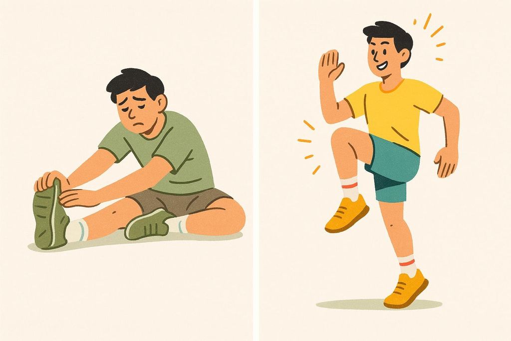 An illustration contrasting a tiresome static stretch with an energetic dynamic warm-up movement. On the left, a person sits on the ground with a sad expression while doing a static toe touch. On the right, a person with a happy expression is depicted in mid-stride, performing a dynamic knee hike.