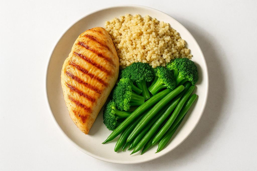 Healthy meal with lean protein and vegetables, symbolizing dietary action steps after a DEXA scan.