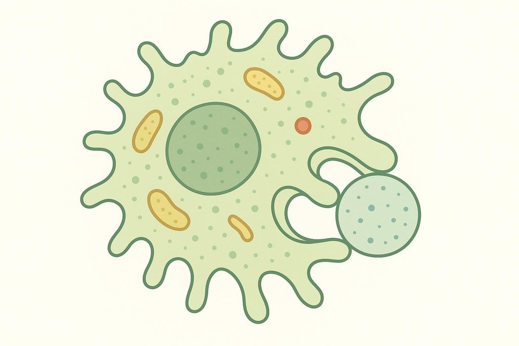 An illustration depicting a light green macrophage, irregularly shaped with a darker green nucleus, several yellow mitochondria-like structures, and a small red organelle. The macrophage extends a pseudopod to engulf a lighter green, circular pathogen located on its right side.