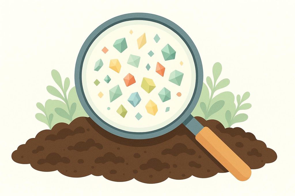 An illustration depicting a magnifying glass over brown soil with green leaves behind it. Through the magnifying glass, the soil appears to contain various colorful, geometric particles, symbolizing soil analysis or microscopic elements.