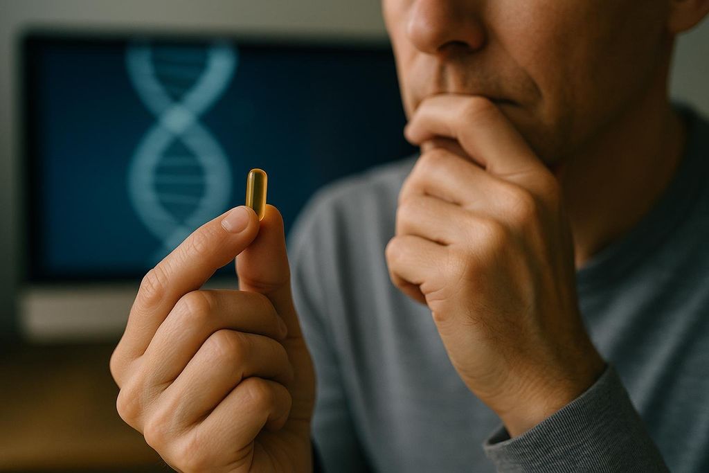 A close-up of a person's hand holding a single translucent yellow supplement capsule. In the blurry background, a monitor displays a subtle DNA double helix graphic, and the person's face is partially visible, appearing to be in thought or contemplation.