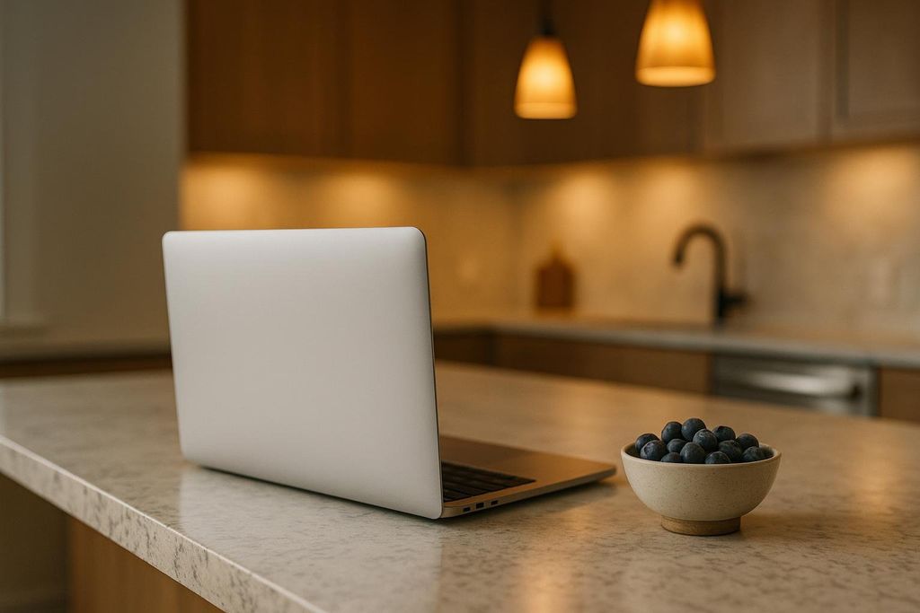 A silver laptop is open on a speckled white kitchen counter, next to a small bowl filled with fresh blueberries. The blurred background shows a modern kitchen with warm lighting.
