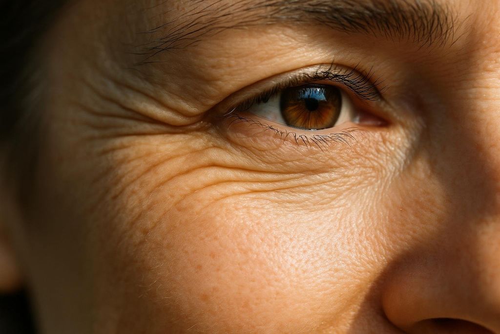 Close-up of a person's eye, with visible fine lines and wrinkles in the skin around the outer corner of the eye, indicating a common sign of skin aging. The eye is brown, and part of the eyebrow is visible.