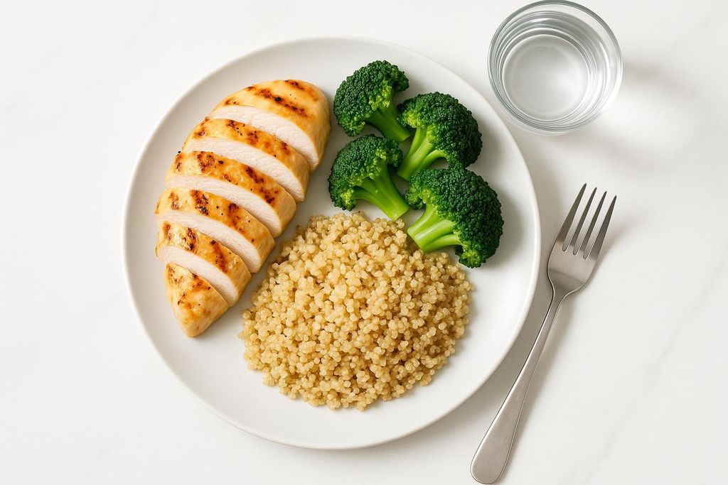 A flat lay of a balanced meal featuring sliced grilled chicken breast, quinoa, and steamed broccoli florets on a white plate, with a glass of water and a fork on a white marble surface.