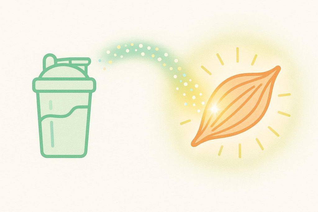 An illustration showing a green protein shake cup emitting small, colorful dots toward an orange, glowing muscle fiber shape, symbolizing amino acids from a protein shake fueling muscle protein synthesis.