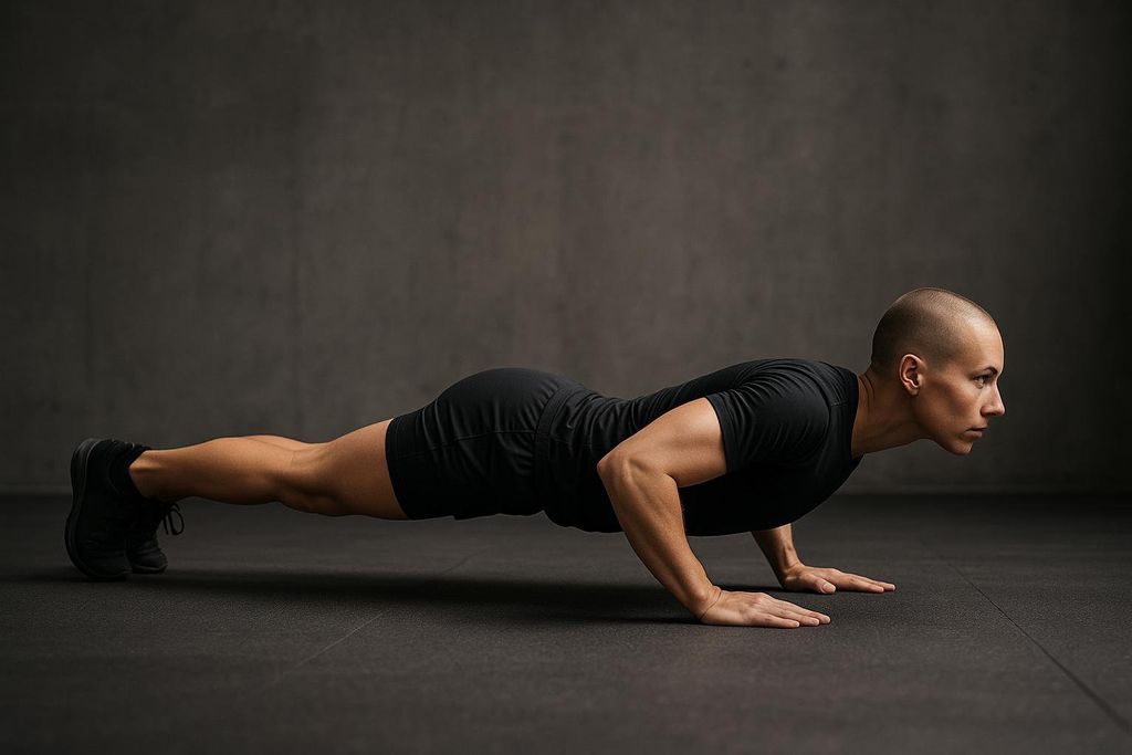 A person with a shaved head, wearing a black t-shirt and shorts, demonstrates good push-up form with a straight back and their body close to the floor. They are positioned against a dark, textured background.