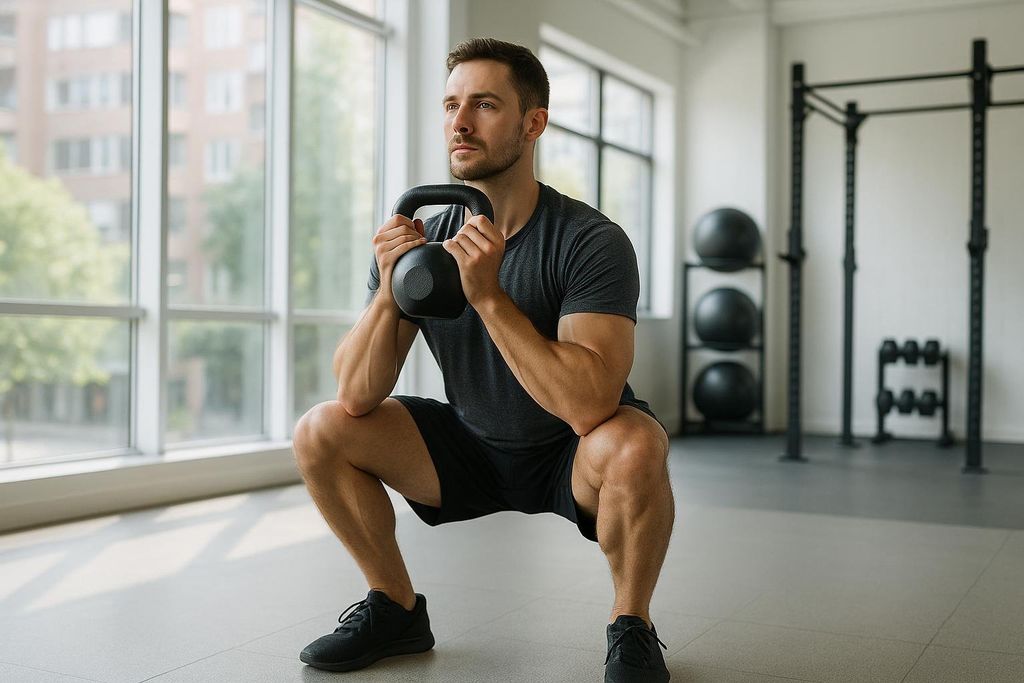A fit man with a beard and short hair performing a goblet squat in a gym, holding a black kettlebell close to his chest. He is wearing a dark grey t-shirt, black shorts, and black athletic shoes, with large windows behind him and fitness equipment in the background.
