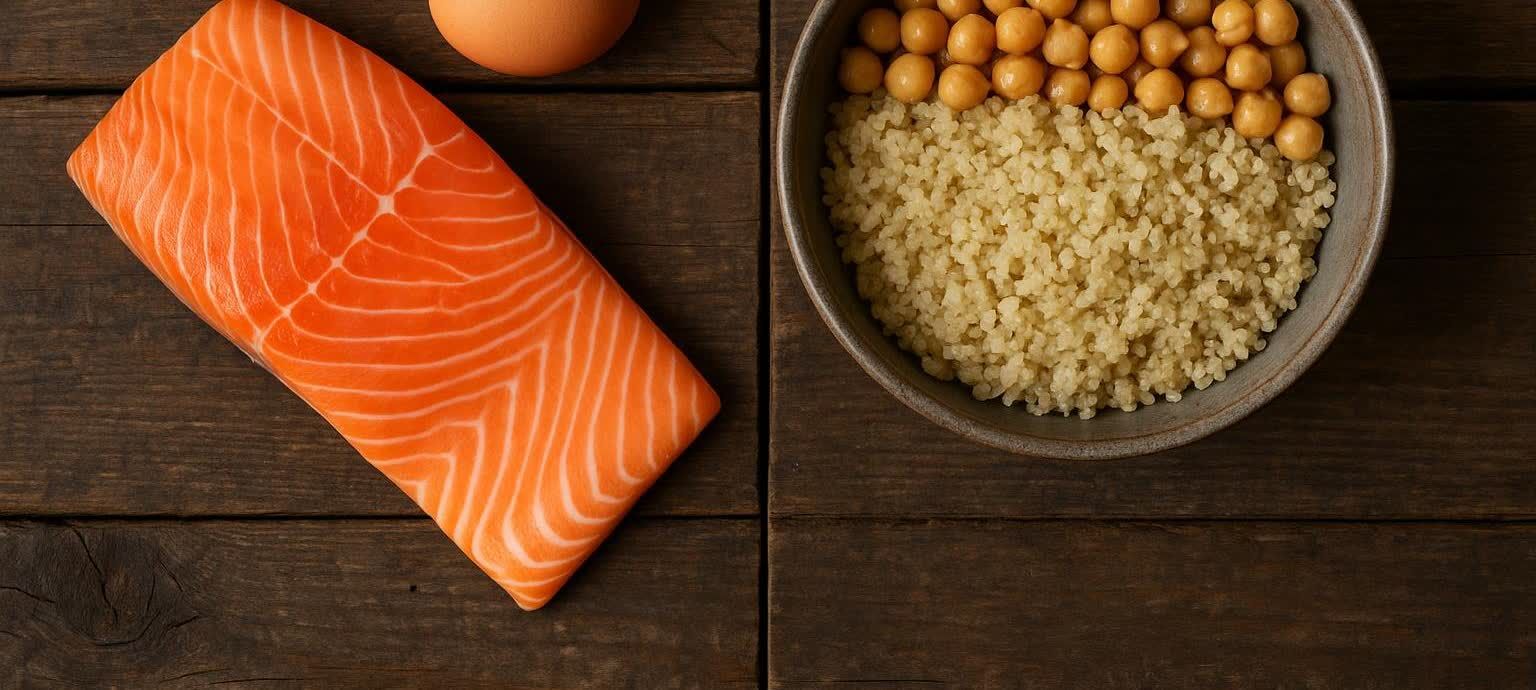 Overhead view of a salmon fillet and an egg on a wooden surface, next to a bowl of quinoa and chickpeas.