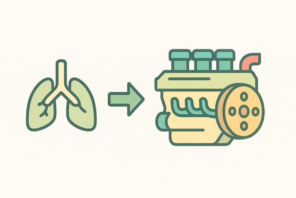 An illustration showing a pair of lungs transforming into a powerful engine, conveying the concept of increased VO2 max and stamina, possibly from exercise like stair climbing.