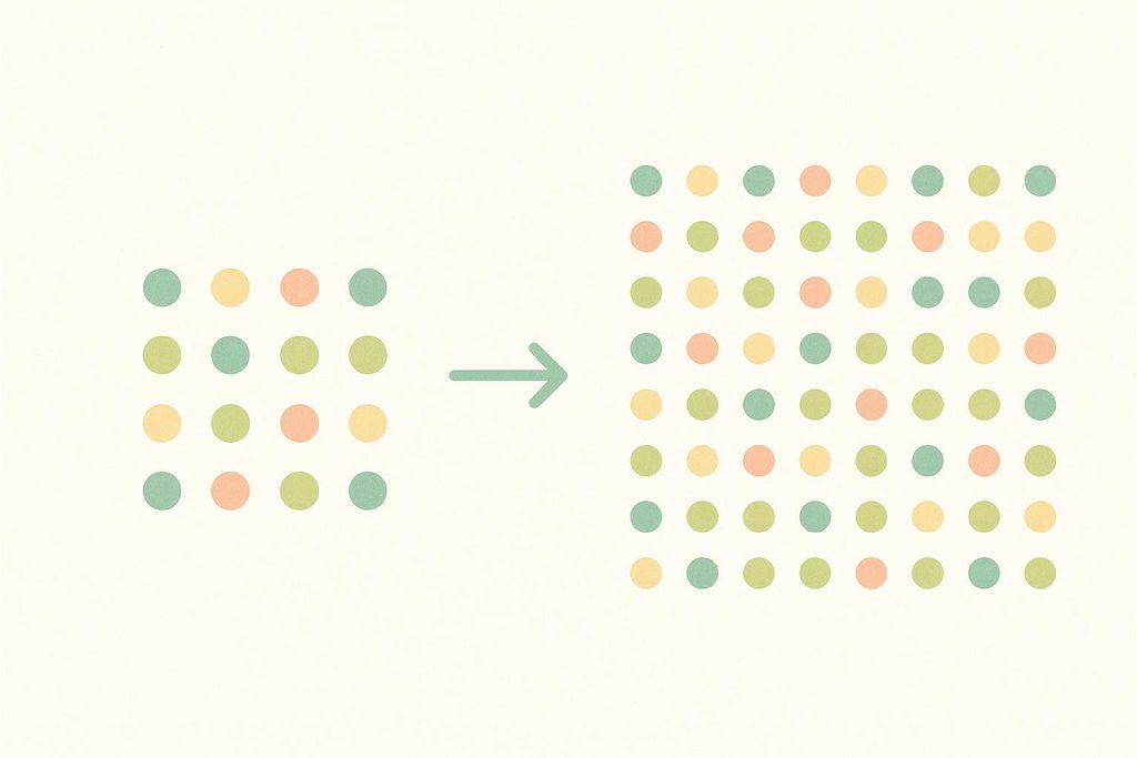 A visual transition from a grid of 16 dots expanding cleanly into 64 dots.