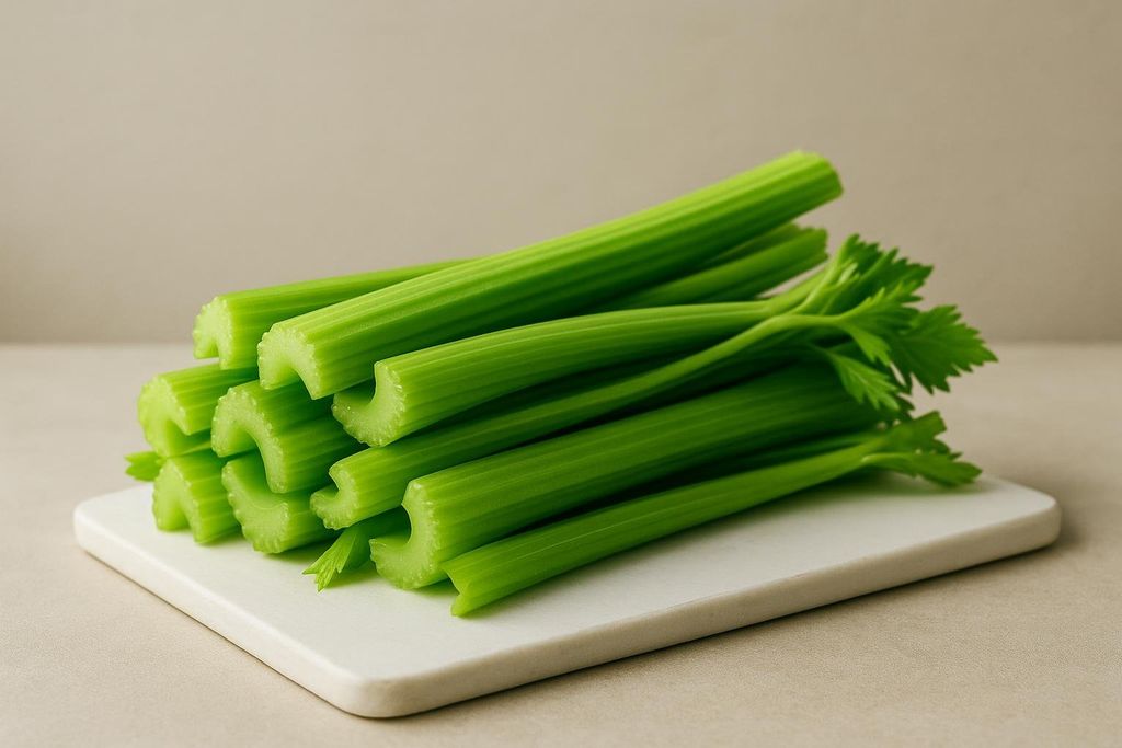 A pile of vibrant green, freshly cut celery stalks with some small leaves still attached, resting on a white cutting board against a neutral background.