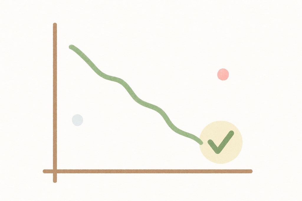 A minimalist line graph showing a wavy downward trend, with an X and Y axis, subtle blue and pink dots, and a green checkmark in a yellow circle at the end of the line, indicating a positive outcome or successful completion.