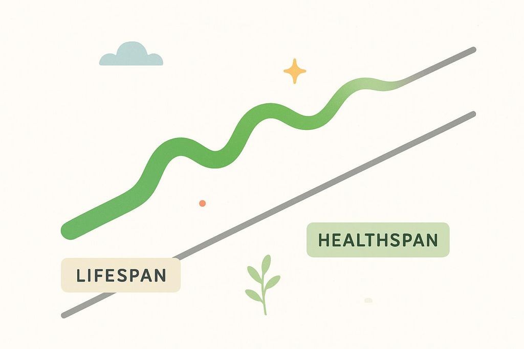 Illustration comparing a long, upward sloping gray line labeled Lifespan to a shorter, more dynamic green line labeled Healthspan, with small nature-themed elements like a cloud, star, and leaf.