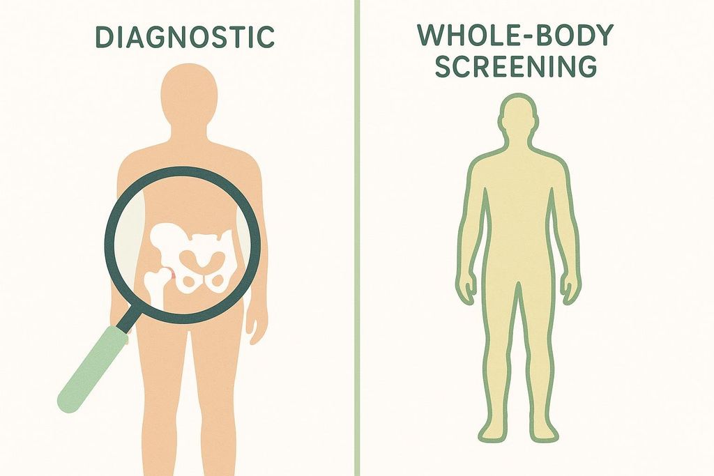 Split-screen illustration comparing a focused diagnostic scan of the hip with a full-body screening scan. The left side shows a human outline with a magnifying glass over the hip area, revealing detailed bone structures (pelvis and femur head). The right side shows a full human outline labeled 'Whole-Body Screening'.