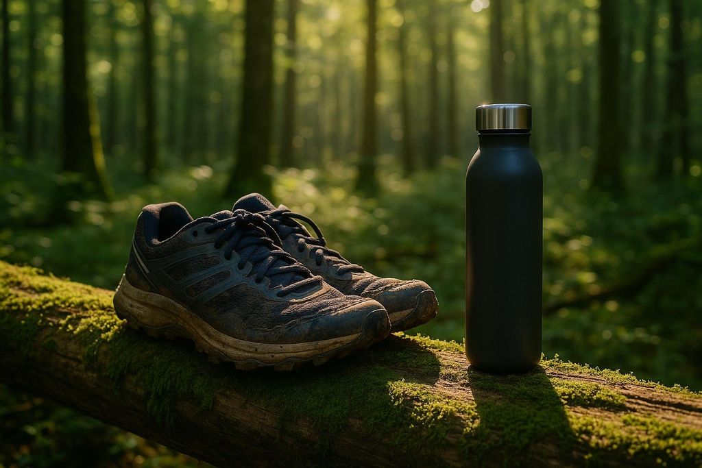 A pair of muddy trail running shoes and a black water bottle resting on a moss-covered log in a sun-dappled forest.