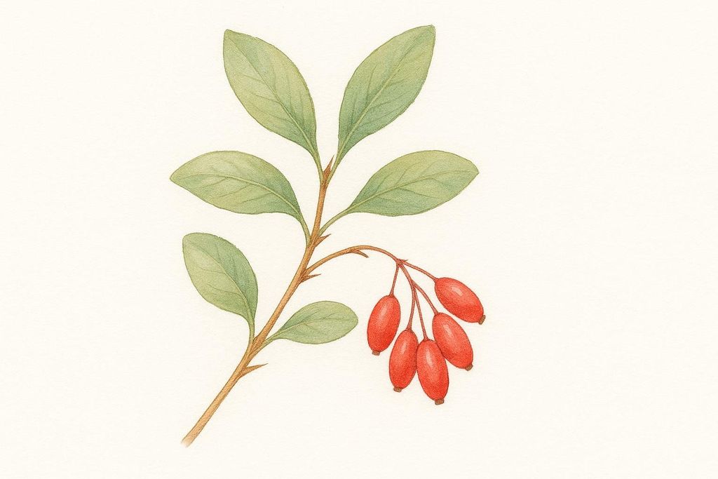 A stylized illustration of a barberry plant branch, featuring green leaves and a cluster of five vibrant red oblong berries hanging from a small stem.