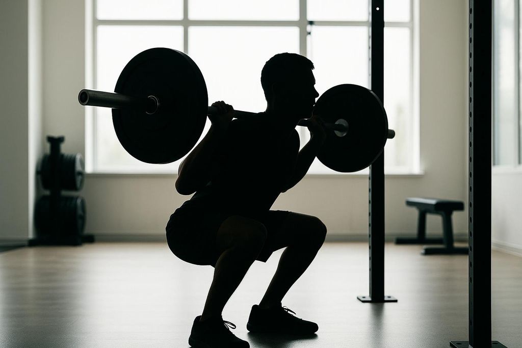 Silhouette of a person performing a barbell squat in a gym.