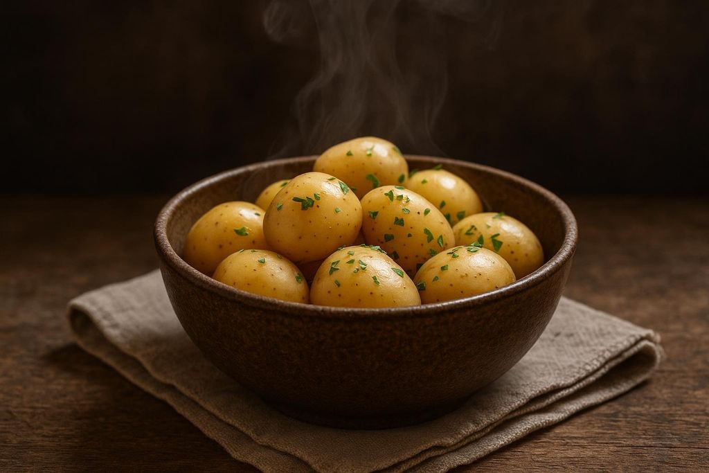 A rustic, dark brown bowl overflowing with steaming, freshly boiled new potatoes. The potatoes are light yellow and sprinkled with chopped fresh parsley. Steam rises from the bowl, which sits on a light brown linen napkin on a dark wooden table.