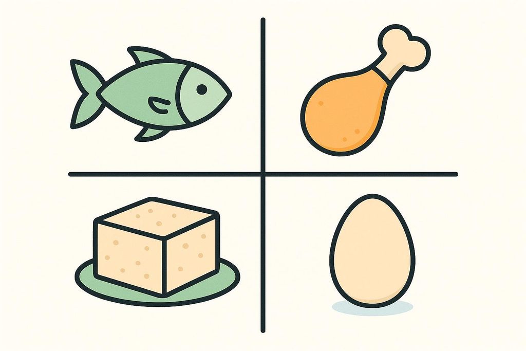 Four minimalist icons in a grid representing diverse protein sources: a green fish, a chicken drumstick, a block of tofu, and an egg.