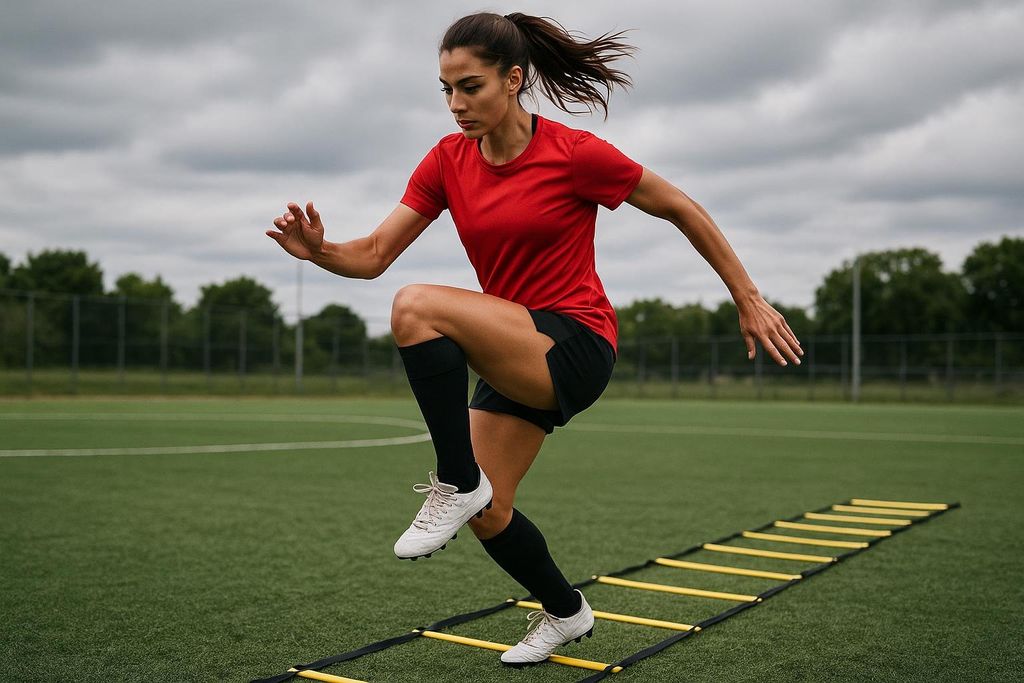 A female athlete in a red shirt and black shorts performs an agility ladder drill on a green turf field under a cloudy sky. She is in mid-stride, with one foot on the ground and the other raised, demonstrating quick footwork and balance.