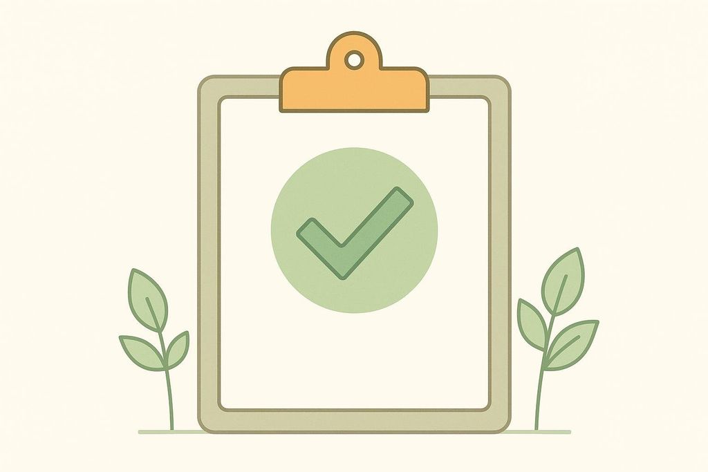 An illustration of a clipboard with a green checkmark inside a green circle on the paper. Two small plant sprigs with leaves are on either side of the clipboard.