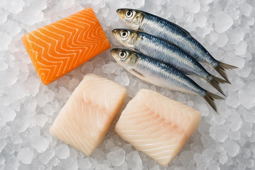 A fresh selection of fish recommended on the Longevity Diet, including a bright orange salmon fillet, three silver sardines, and two white cod fillets, all arranged on a bed of crushed ice.