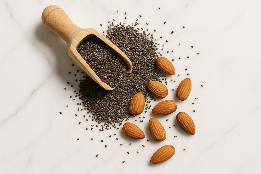 Chia seeds spilling from a wooden scoop on a white marble surface, accompanied by scattered almonds.