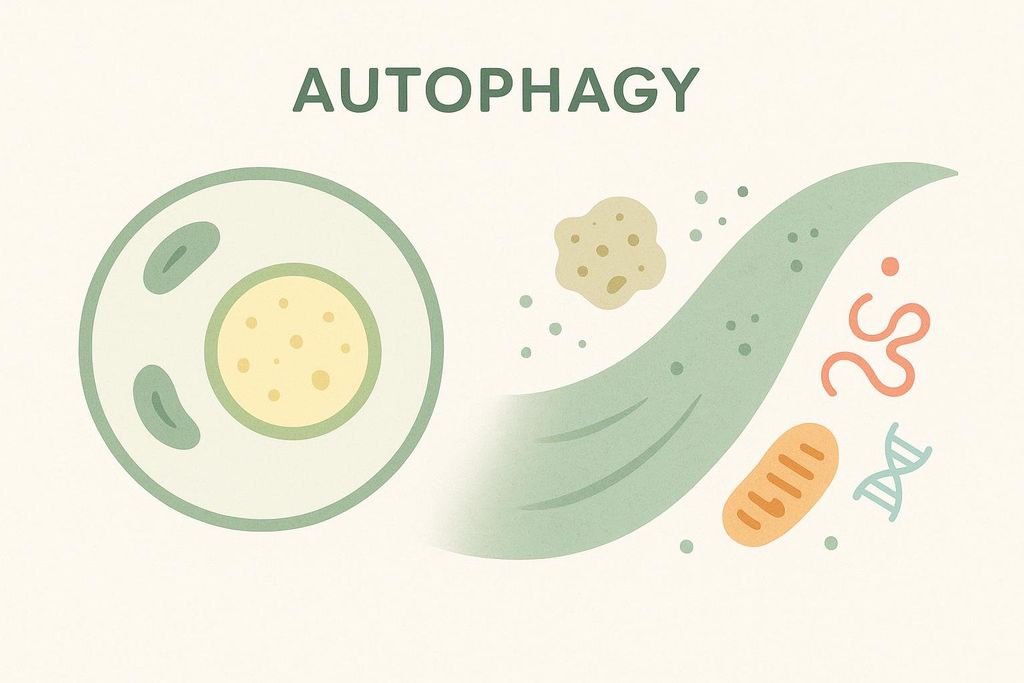 An abstract illustration depicting the process of autophagy, where a cell, shown as a light green circle with a yellow center, engulfs and breaks down waste products and damaged organelles, including a mitochondria, protein, and DNA, shown in various muted colors. The word 'AUTOPHAGY' is written at the top.