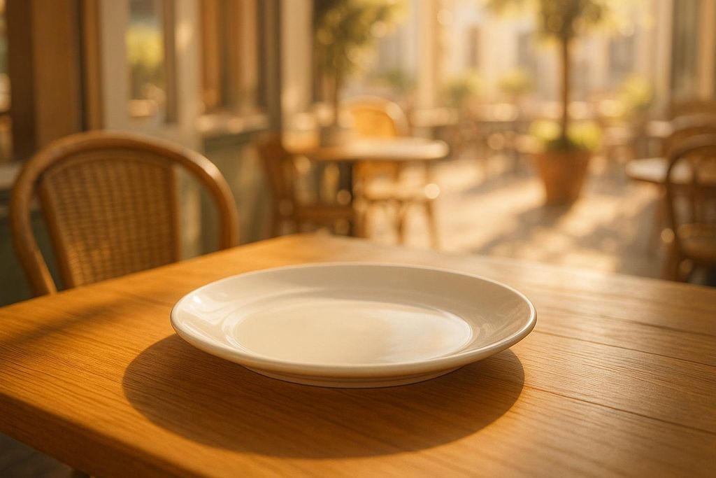 An empty white plate rests on a wooden cafe table, illuminated by warm morning sunlight, with blurred outdoor seating and trees in the background.
