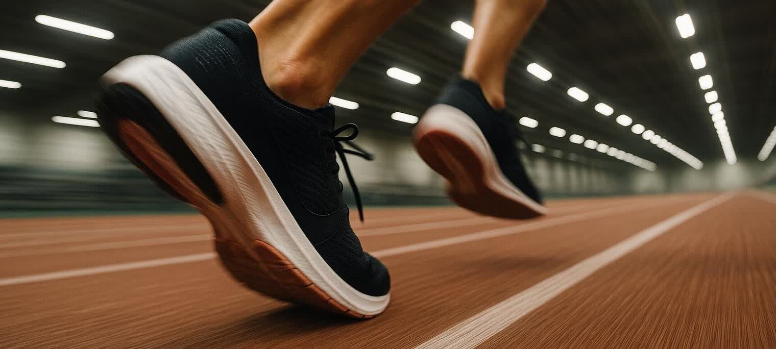 A close-up, action shot of black running shoes in motion on an indoor track.