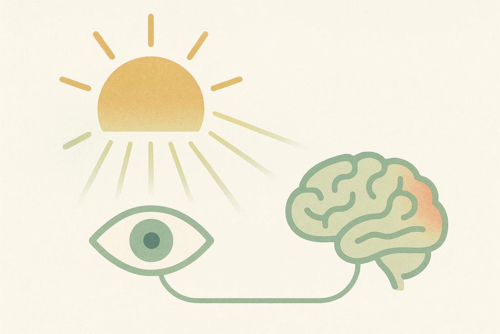 Abstract illustration of a sun shining light on an eye, which is connected to a brain. The brain has a small area highlighted in red.