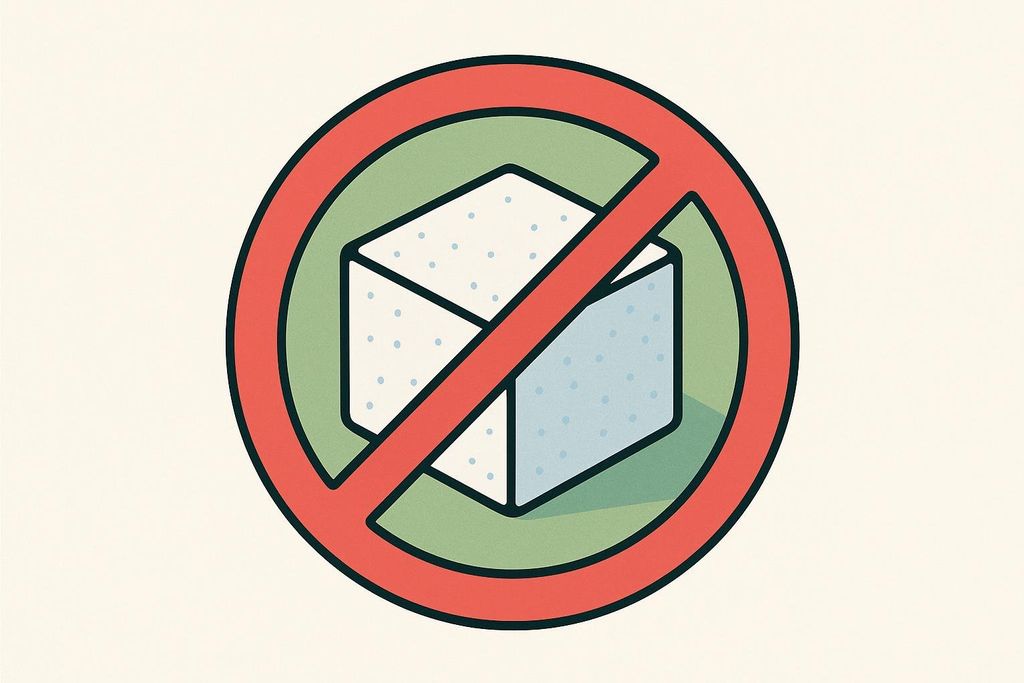 A graphic icon showing a sugar cube with a red circle and slash through it, symbolizing the need to limit added sugars for gut health.